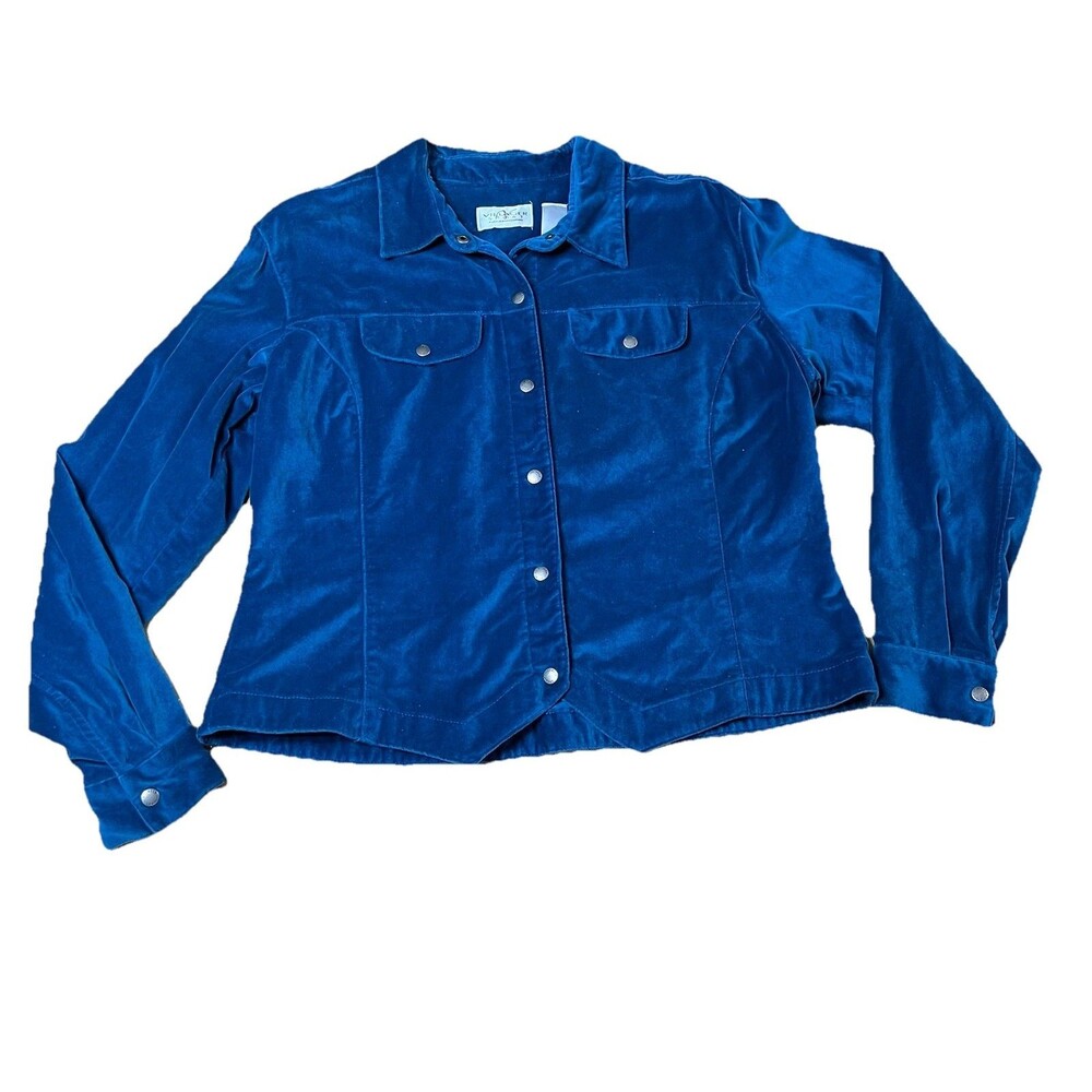 Villager Sport Liz Claiborne Blue Velvet Button Up Shirt Jacket Women’s L Y2K